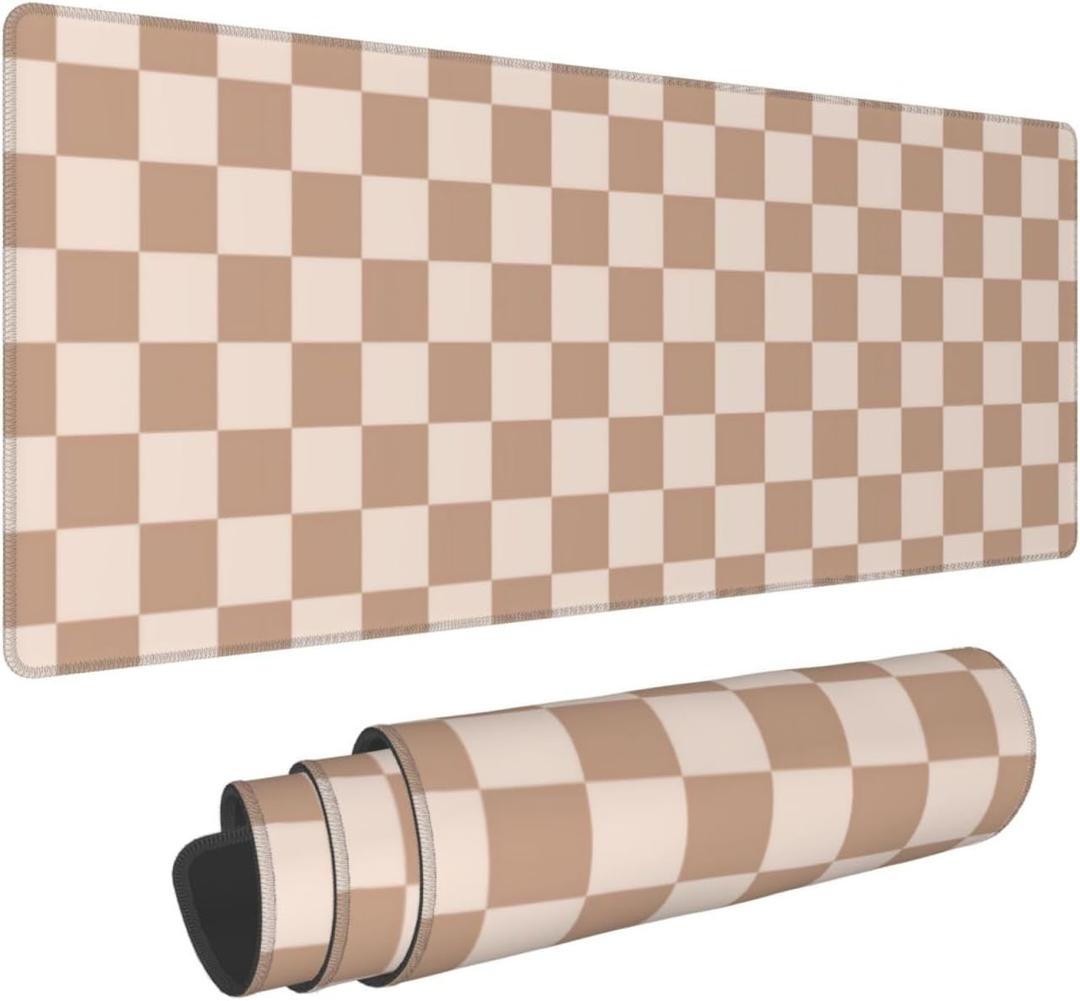 Checkered Large Gaming Mouse Pad for Girl with Anti-Slip Base, Checkerboard Extended XL Mousepad, Desk Mat with Stitched Edges for Desk, 31.5 x 11.8 in, Brown