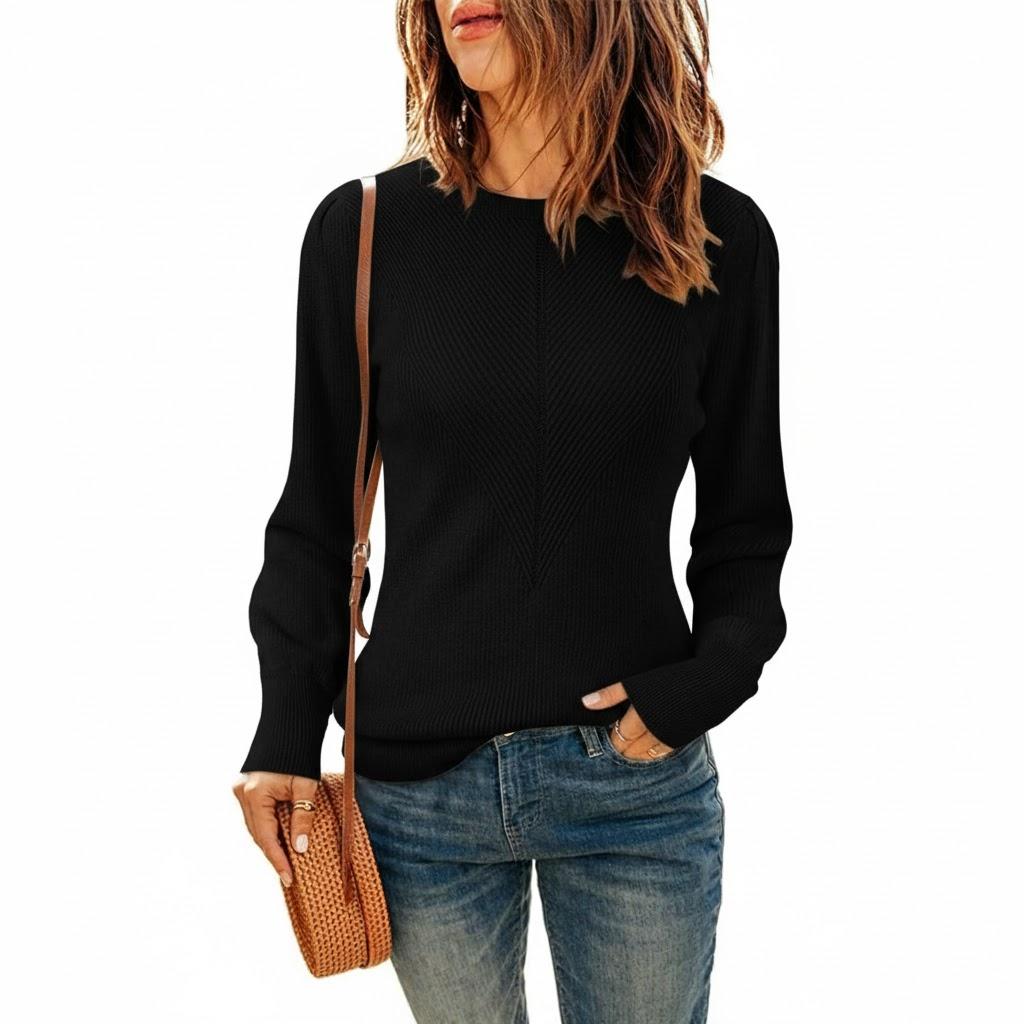Dokotoo Womens Ribbed Knit Long Lantern Sleeves Sweater Crewneck Casual Slim Fit Pullover Jumper Tops 2XL, Black
