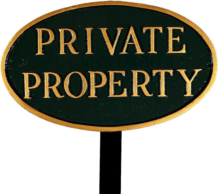 Montague Metal Products 6" x 10" Small Oval Private Property Statement Plaque Sign with 17.5" Lawn Stake - Green/Gold