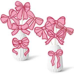 Pink Bow Party Decorations - 10PCS Bow Party Centerpieces Stick for Bachelorette, Coquette Birthday Party, Wedding, and Photo Booth Props