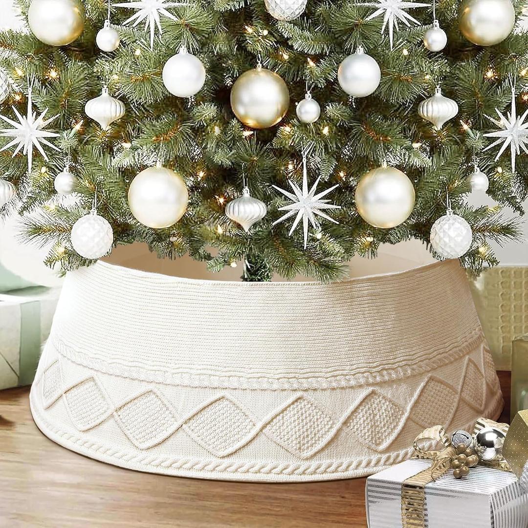 LASPERAL Knitted Christmas Tree Collar - Cream Chunky Cable Knit Ring for Artificial Trees, Farmhouse Rustic Stand Base Cover for Xmas Home Decor