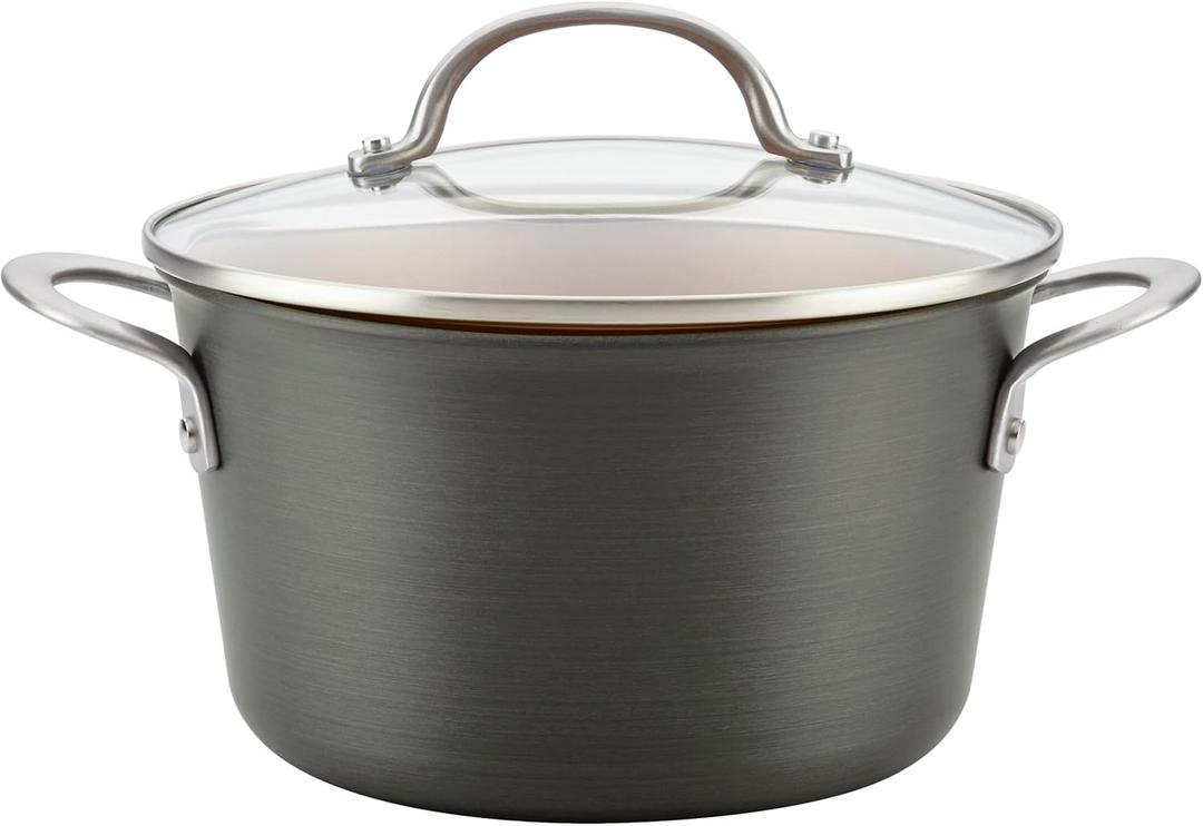 Ayesha Curry Home Collection Hard Anodized Nonstick Sauce Pan/Saucepan with Lid, 4.5 Quart, Charcoal Gray