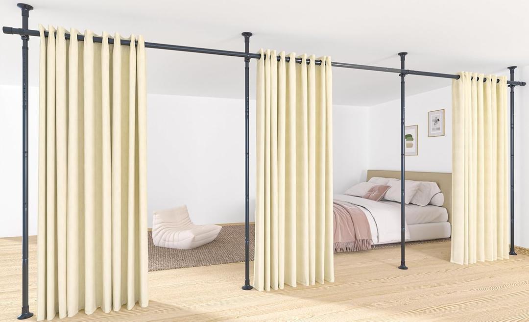 Curtain Rods No Drilling - Room Divider Tension Rod, Adjustable 28-171in(W) 4-10ft(H) Heavy Duty Floor to Ceiling Stand Temporary Privacy Wall Dividers Separation Partitions Black Window Rods
