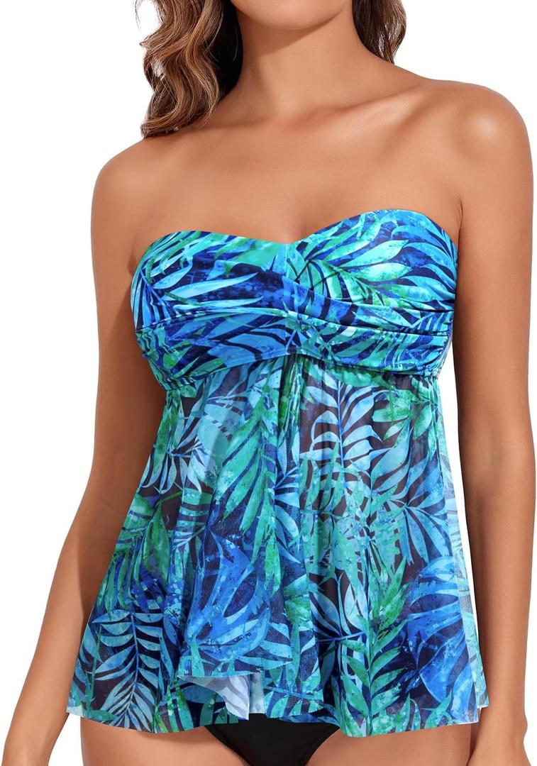 Talisea Women Bandeau Tankini Top Only Mesh Strapless Swimsuits Top Halter Flyaway Bathing Suits No Bottom, XXL