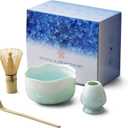 Natural Crystal Flower Matcha Set - 4 Pcs Food Grade Matcha Kit with Spouted Bowl, Matcha Whisk, Scoop and Chasen Holder - Matcha Tea Ceremony Gift for Matcha Lovers (Pine Shadow)