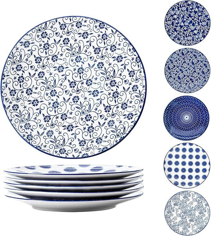 Gibsimi Ceramic Dinner Plates Set - 10.5 Inch Large Kitchen Porcelain Salad Serving - Scratch Resistant Microwave Oven Dishwasher Safe - Dishes for Pizza Pancakes Pasta Steak - Set of 6 - Vintage Blue