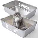 Stainless Steel Litter Box 2 Pack, 23.6x15.7"x6" Deep Stainless Steel Cat Litter Box Extra Large, XL Metal Litterbox for Big Cats with High Sides, Non Stick Surface, Easy to Clean