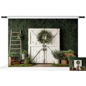Kate Spring Photography Backdrops Barn Door Photo Backdrop Green Plants Background, 7x5ft