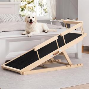 Dog Ramp for High Bed, Couch, Car, Pet Ramps 55.12" Long Adjustable 19.3"-27.17" Wooden Dog Step with Anti-slip Rubber Mat & Safety Side Rails for Older Pets, up to 250 lbs