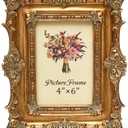 JANDERART Vintage Picture Frame 4x6 Inch, 4 by 6 Ornate Antique Photo Frames with Glass Front, Retro Carving, Tabletop & Wall Hanging, Photo Display, Gold