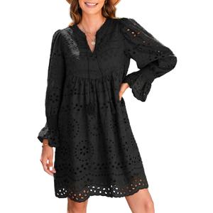 Dokotoo Womens 2024 Casual Dress Tassel V Neck Long Sleeve A Line Hollow Out Lace Ruffle Party Dresses (Medium)