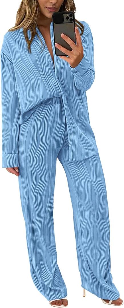 PrettyGarden Women's 2 Piece Sets 2026 Fall Casual Textured Button Down Shirt Wide Leg Pants Outfits Loungewear Tracksuit, L