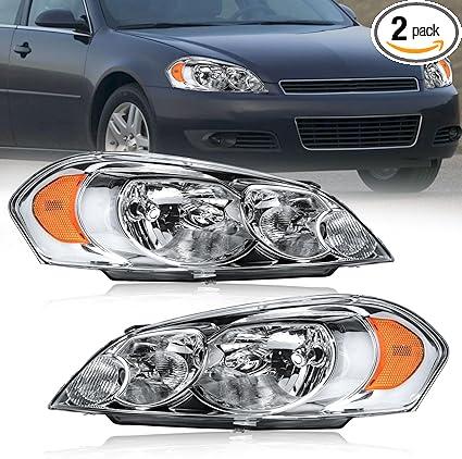 Fullux Headlight Assembly Headlights, Compatible with 2006-2013 Chevy Impala/2014-2016 Impala Limited/2006-2007 Monte Carlo Left and Right Side Replacement Headlamp Chrome Housing Clear Reflector