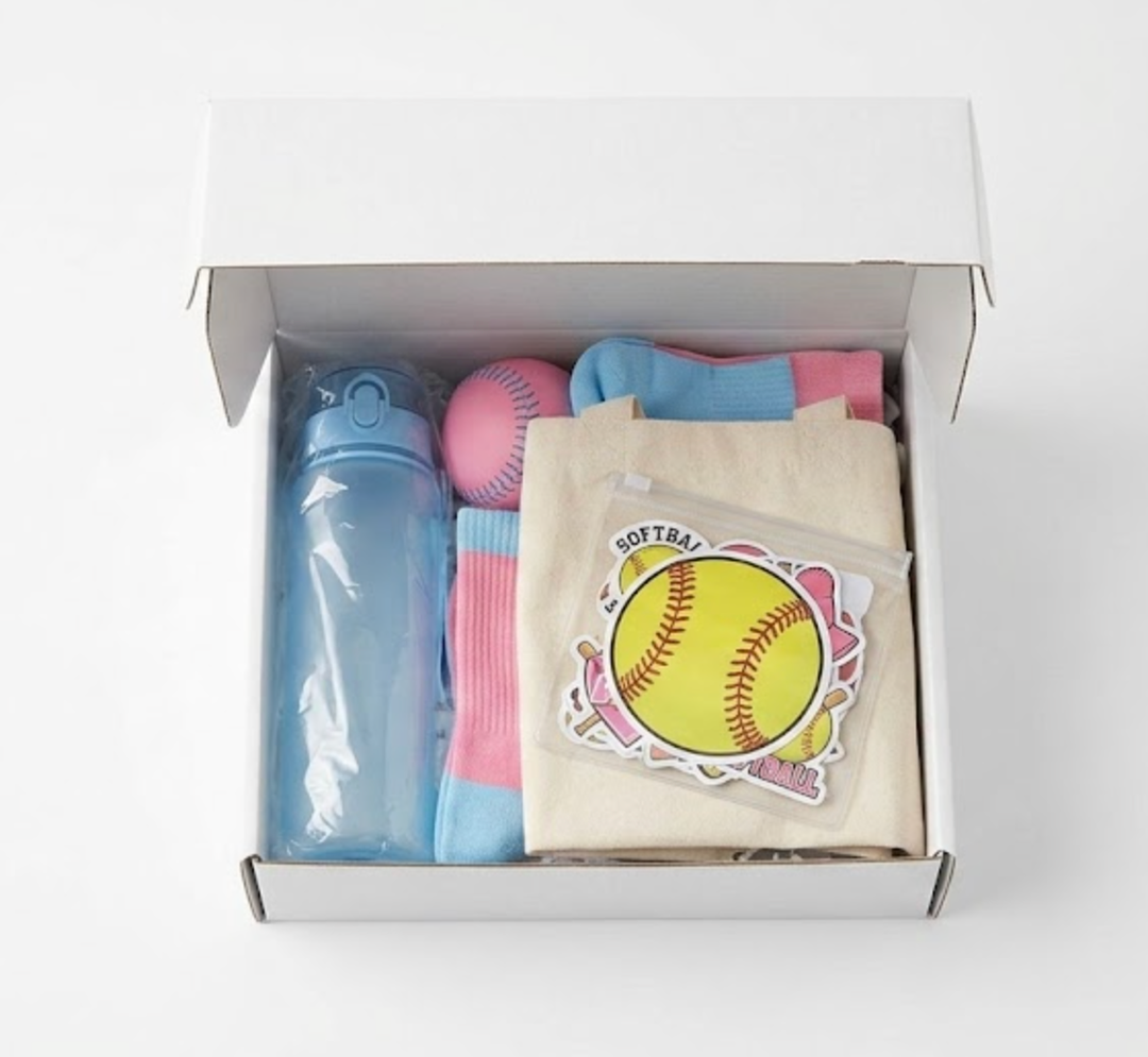 Softball Gifts for Girls – Sports Gift Set with Water Bottle, Canvas Tote Bag, Makeup Bag, Scrunchie, Socks, Necklace & 50 Stickers – Sports Gift for Girls, Birthday Gifts for Softball Lovers