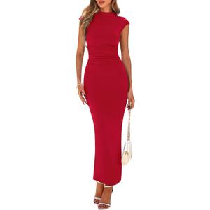 PRETTYGARDEN Women's Summer Maxi Dress Ruched Bodycon Sleeveless Formal Wedding Guest Elegant Cocktail Party Slit Dresses, Large