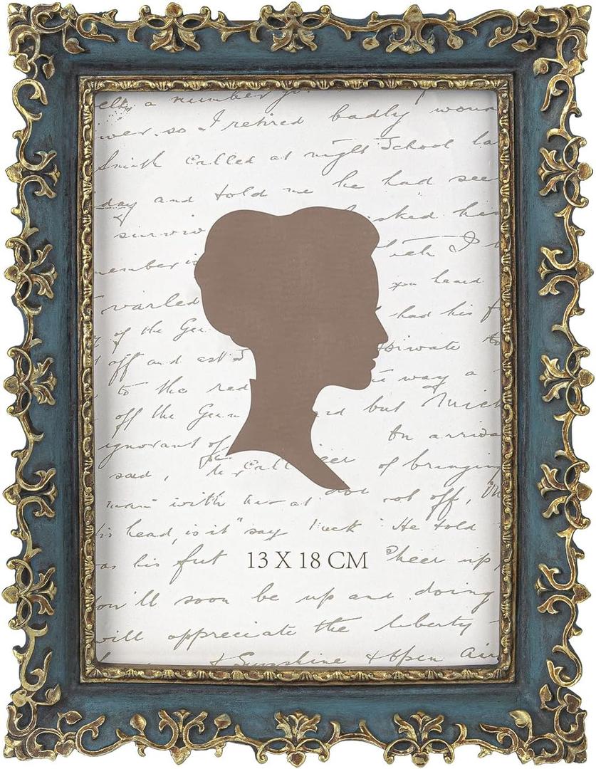 AELS 5x7 Inch Vintage Picture Frame, Elegant Antique Photo Frames with Glass Front, Photo Display, Tabletop Wall Hanging, Gift Ideas, Vine Pattern, Gold and Blue