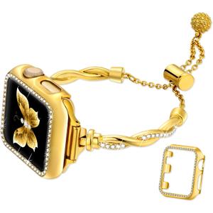 Dilando Bling Band and Case Compatible with Apple Watch Band 38mm 40mm 41mm 44mm 45mm 42mm Women, Slim Dressy Metal Bracelet Strap Rhinestone Bumper for Iwatch SE & Series 9 8 7 6 5 4 3 2 1(Gold,40mm)