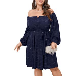 SCOMCHIC Plus Size Womens Sequin Glitter Mini Dress Off Shoulder Long Sleeve A-Line Club Cocktail Party Dresses with Belt, Size XL