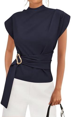 PRETTYGARDEN Women Blouses Spring Dressy Cap Sleeve Mock Neck Work Shirts Buckle Tunic Summer Business Casual Tops 2026, XXL