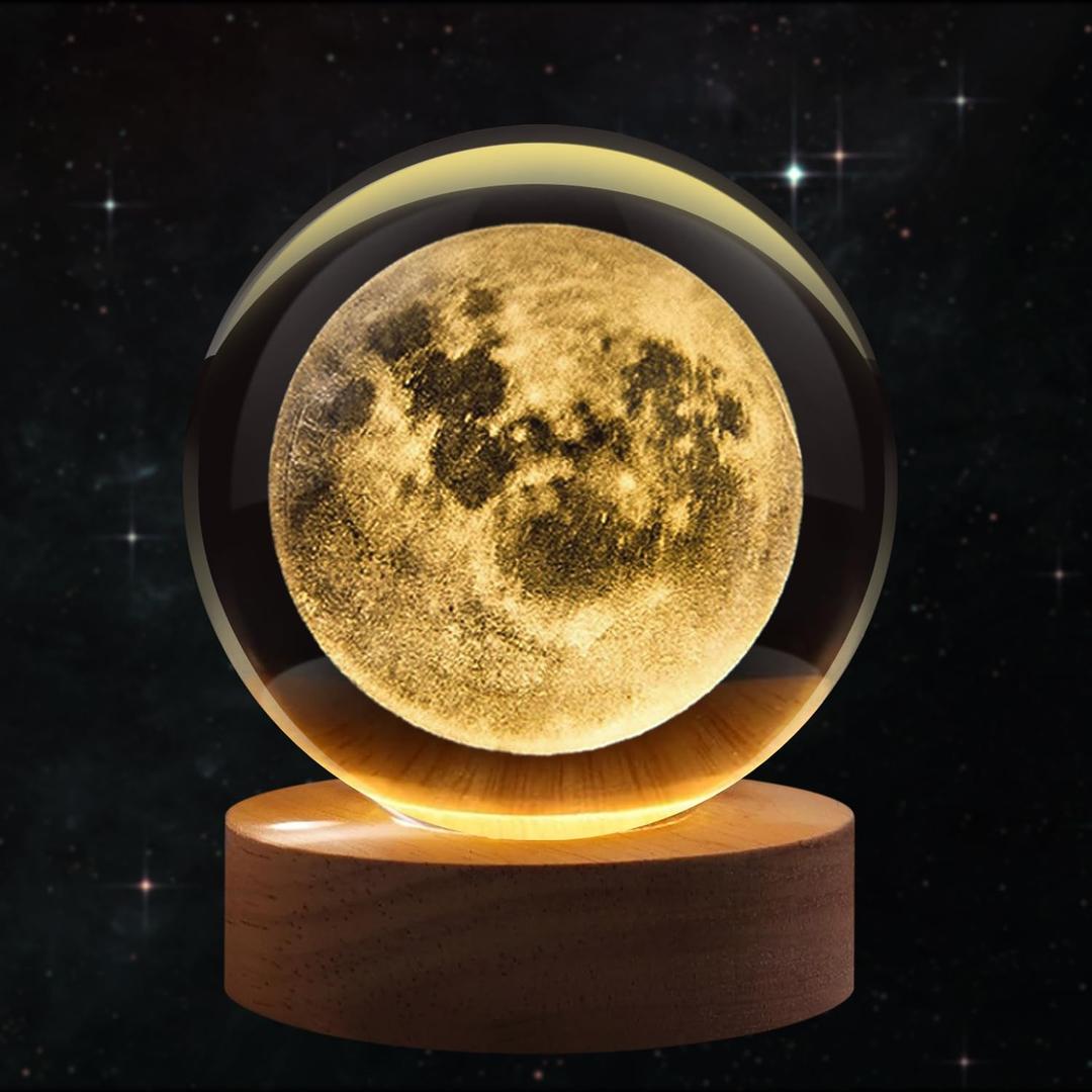 Flexzion 3D Moon Crystal Ball Night Light - LED Light Hologram Glass Lamp with Solid Wood Base, USB Powered Crystal Ball Lamp with Adjustable Brightness for Home Decor Display Gift, 2.4inch(60mm)