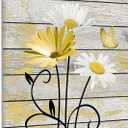 HVEST Farmhouse Yellow Floral Wall Art for Bathroom, Retro Daisy and Butterfly on Rustic Wood Canvas Wall Art Nature Flower Pictures for Living Room Bedroom Apartment Wall Decor,16L X 12W inches