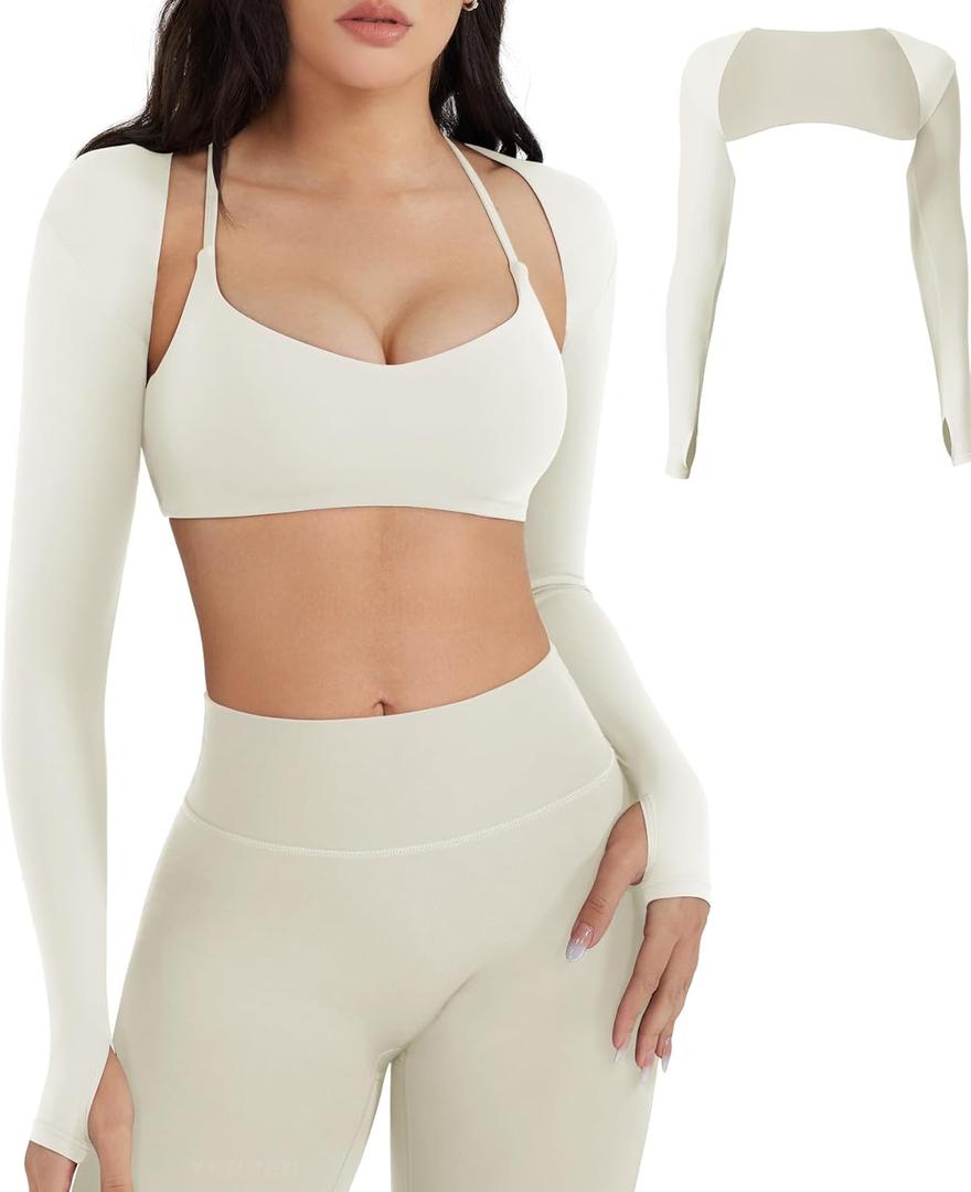 YEOREO Women Crop Top Long Sleeve Bolero Open Front Workout Cropped Shirts Sports Shrug (Small, Cream)