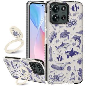 Boaretiu for Motorola Moto G 2025 Case - with Stand Cute Kawaii Fashion 360 Rotate Ring Holder Kickstand Sea Fish for Women Girls Boys Teens Girly Case for Moto G 2025