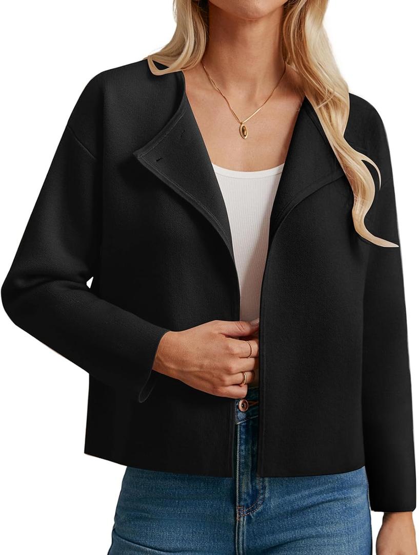 GRACE KARIN Womens Cropped Knit Sweater Blazer, Oversized Open Front Jackets 2026 Spring, Laple Cardigans Dressy Casual (Black)