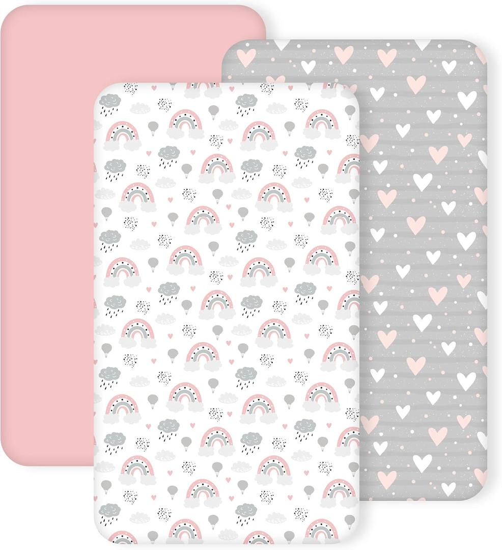 3 Pack Crib Sheets for Girls Fitted Crib Sheets for Standard Crib Mattress and Toddler Mattress, Ultra Soft Breathable Washable Polyester, 28x52inch, Pink & Grey Heart
