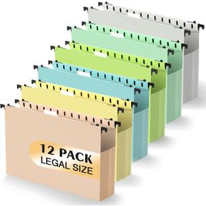 SHUTEX Extra Capacity Plastic Hanging File Folders,12 Pack Reinforced Expanding Hang Folder Legal Size,Accordian Pocket,Heavy Duty 2 Inch Expansion,Hanging Folder Organizer for Office Home, Pastel