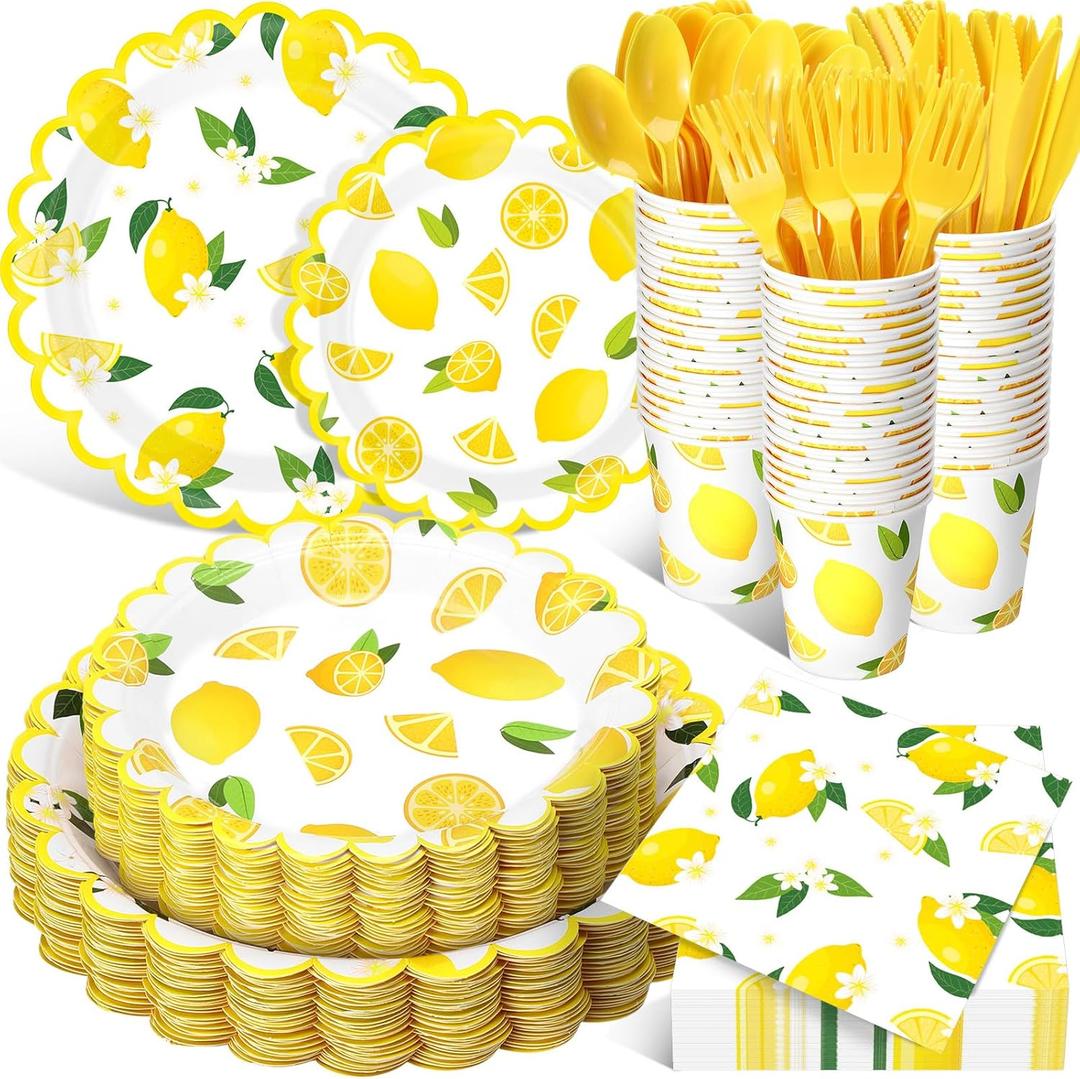 Funnymoom 400 Pcs Lemon Party Supplies for 50 Guests Yellow Fruit Flower Shaped Disposable Plate Napkin Cup Spoon Fork Knives for Summer Fruit Birthday Baby Shower Party Supplies(Bright Yellow, Lemon)