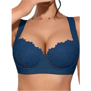 OYOANGLE Women's Push Up Lace Bras Underwire Adjustable with Wide Strap Lingerie Shaping Support Sexy Bras (Blue, 40B)
