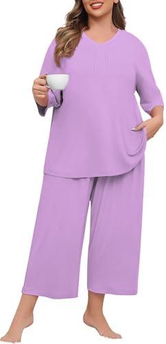 Lastshe Women's Plus Size Pajama Set 2 Piece V Neck Capri Pants Loungewear with Pockets Knit Soft Pjs Sleepwear 3X