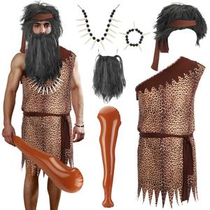 8 Pcs Caveman Costume Set Adult Jungle Costume Include Brown Tunic Kit Cave Bat Wig Beard Fake Tooth Necklace for Halloween (Medium)
