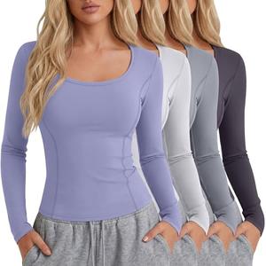 Oakgarden 4 Pack Women's Seamless Workout Tops Scoop Neck Long Sleeve Compression Shirts Breathable Yoga Athletic Tight Shirt(Light Lavender, Gray White, Bright Gray, Haze Purple,Large)