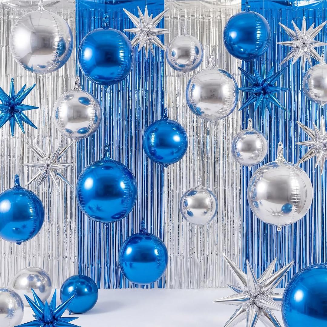 Seenelling 25 Pcs Blue and Silver Birthday Party Decorations Sets 22 Inch 4D Large Stars Balloons with Metallic Tinsel Foil Fringe Backdrop Curtains for 2026 Graduation Anniversary Wedding Decor