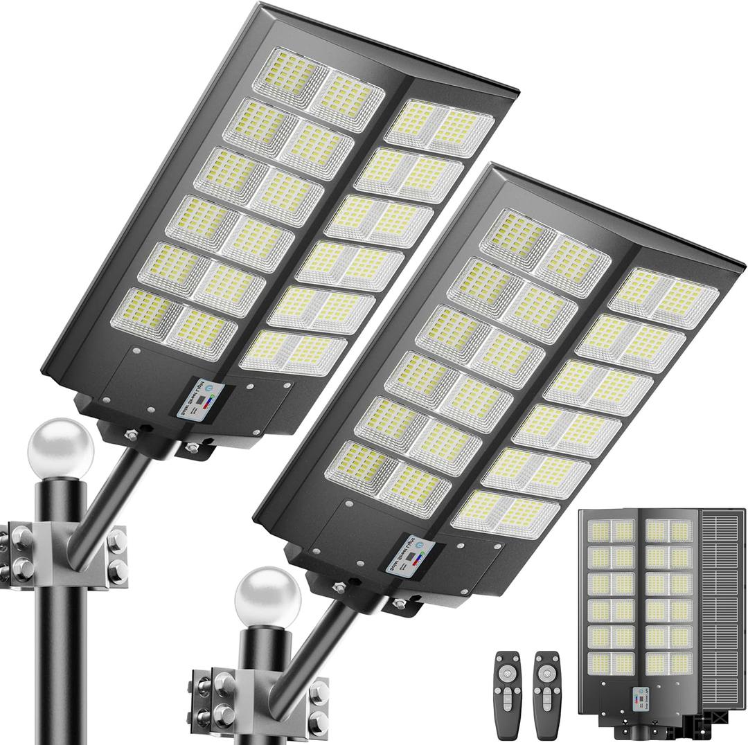 2-Pack Solar Street Light -9000W Solar Street Lights Outdoor 120000LM,7000K Commercial Parking Lot Light, Flood Outdoor Lights IP66 Waterproof with Motion Sensor (Black)