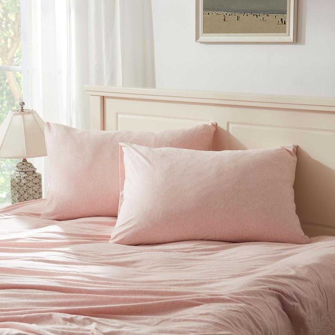 Household 100% Jersey Cotton Pillowcase 20x36-Light Weight, Comfortable, Super Soft Pillow Case with Envelope Closure Set of 2 (Heathered Pink, King Size Pillowcase)