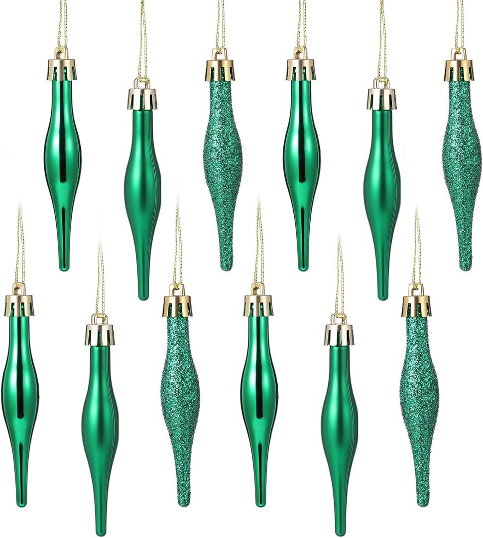 Kasyat 12 Pcs St Patricks Day Droplet Baubles Ornaments 3.5 Inch Matte Shiny Glitter Finishes Finial Drop Plastic Shatterproof Hanging Ornament for Xmas Tree Wreath Garland Holiday Decor (Green)