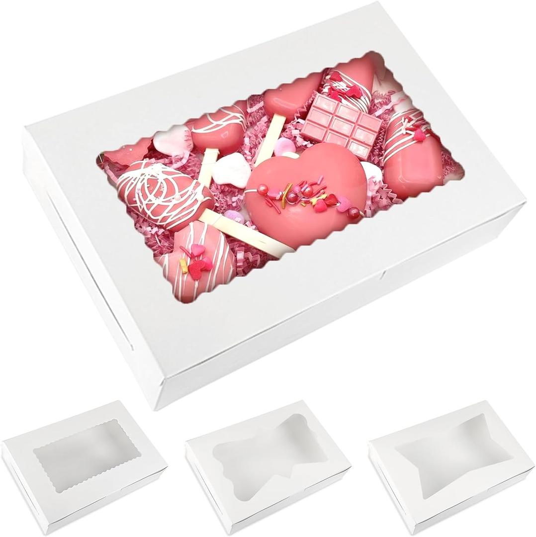 Moretoes 48pcs Bakery Boxes,12x8x2.5 Inches Cookie Boxes with 3 Style Window for Chocolate Covered Strawberries, Mother's Day, Desserts, Cookies, with 4pcs Stickers
