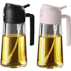 TrendPlain 16oz/470ml Glass Olive Oil Sprayer for Cooking - 2 in 1 Olive Oil Dispenser for Kitchen Gadgets, Air Fryer, Salad, and BBQ - Black & Peach (Black&Peach)