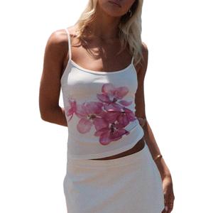 Multitrust Women Sleeveless Floral Crop Tank Tops Slim Fit Y2K Spaghetti Strap Going Out Tops Scoop Neck Vintage Grunge Cami Top (E White, L), Large