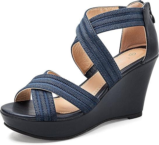 SANDALUP Wedge Sandals for Women Dressy Comfortable Ankle Strap Open Toe Wedding Shoes (9)