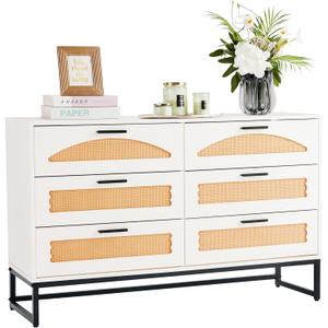 6 Drawer Double Dresser for Bedroom, Rattan Chest of Dressers, Modern Wooden Dresser Chest with Golden Handles for Bedroom,Living Room, Hallway and Entryway (Supporting Frame)