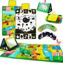 Tummy Time Mirror & Play Mat & Pillow 3-in-1, High Contrast Black and White Baby Toys, Activity Mat for Early Education, Newborn Infant Tummy Time Toy Set for 0 3 6 12 Month Crinkle/Squeake