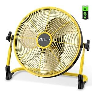 ZHULI 10" Portable Battery Operated Floor Fan, Rechargeable Cordless Camping Fan, HiVelocity Brushless Motor, Metal blade, USB Phone Charge, 8~60H Runtime, Quiet, Wireless, For Outdoor Home Workshop