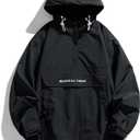 Men's Spring and Autumn pullover jacket with casual patchwork hooded drawstring jacket (Medium, Black)