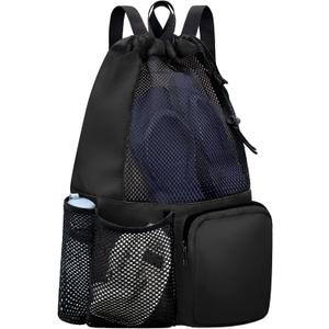 Swim Bag Mesh Beach Drawstring Backpack with Wet Pocket Waterproof for Gym Workout Men Women (Black)