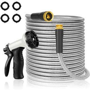 25 FT Garden Hose with 10 Functions Adjustable Spray Nozzle, Heavy-Duty Metal Garden Hose Flexible Kink Free Dog Proof Stainless Metal Garden for Yard Lawn
