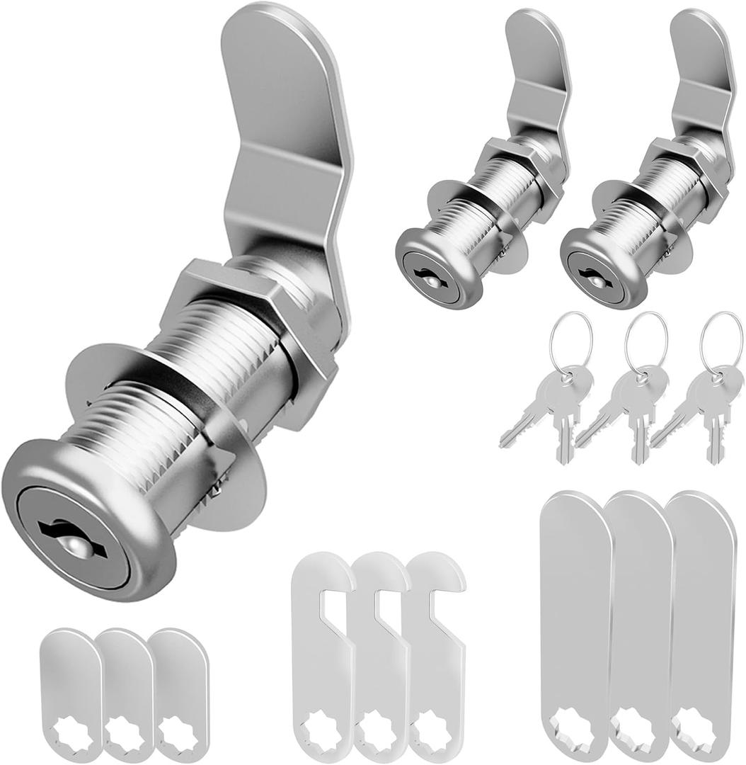 3 Pcs Cabinet Locks with Key, 1-1/2" Drawer Lock Keyed Alike Cam Lock, Cabinet Door Lock Mailbox Locks Replacement Secure File Drawer Tool Box RV Storage Door, Zinc Alloy (Silver)